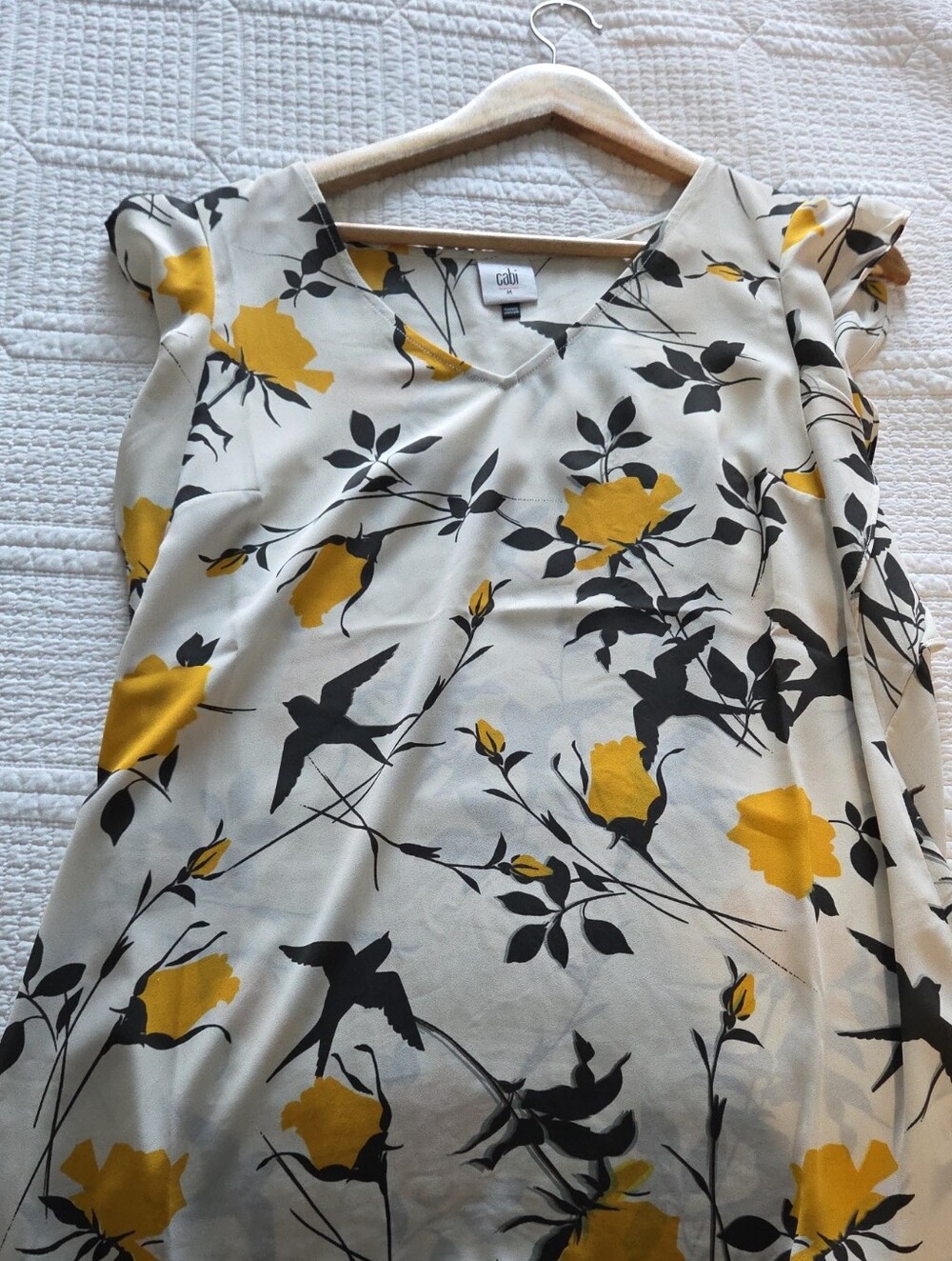 CAbi Cream Blouse with Yellow Rose and Black Botanical Print